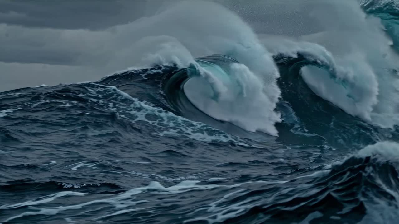 Dramatic video of ocean waves crashing, captured from a low-angle perspective