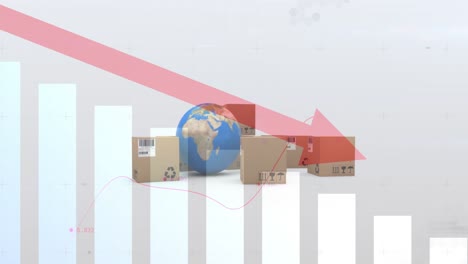 animation of red arrow pointing down, globe and cardboard boxes on white background