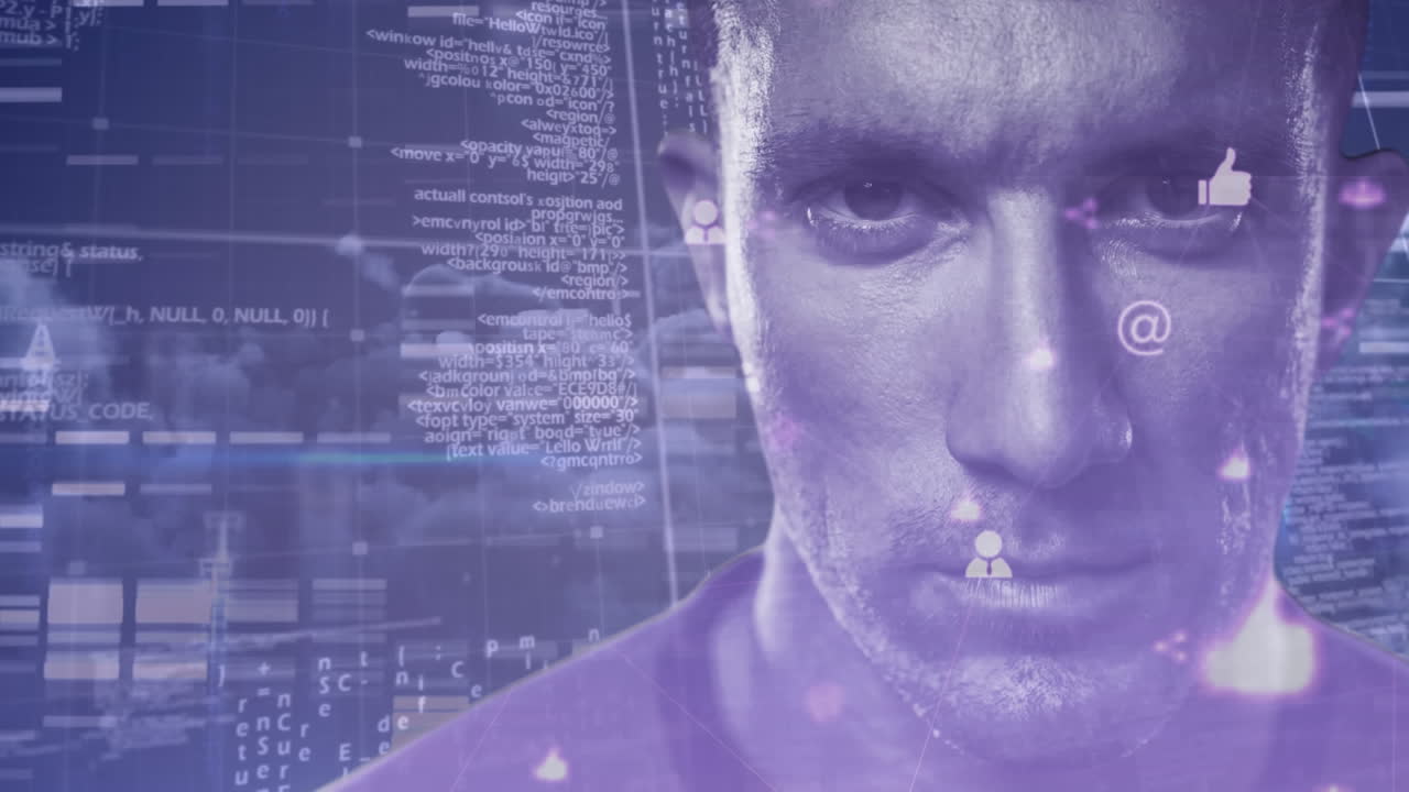 animación del rostro del hombre contra una red de conexiones con iconos y procesamiento de datos