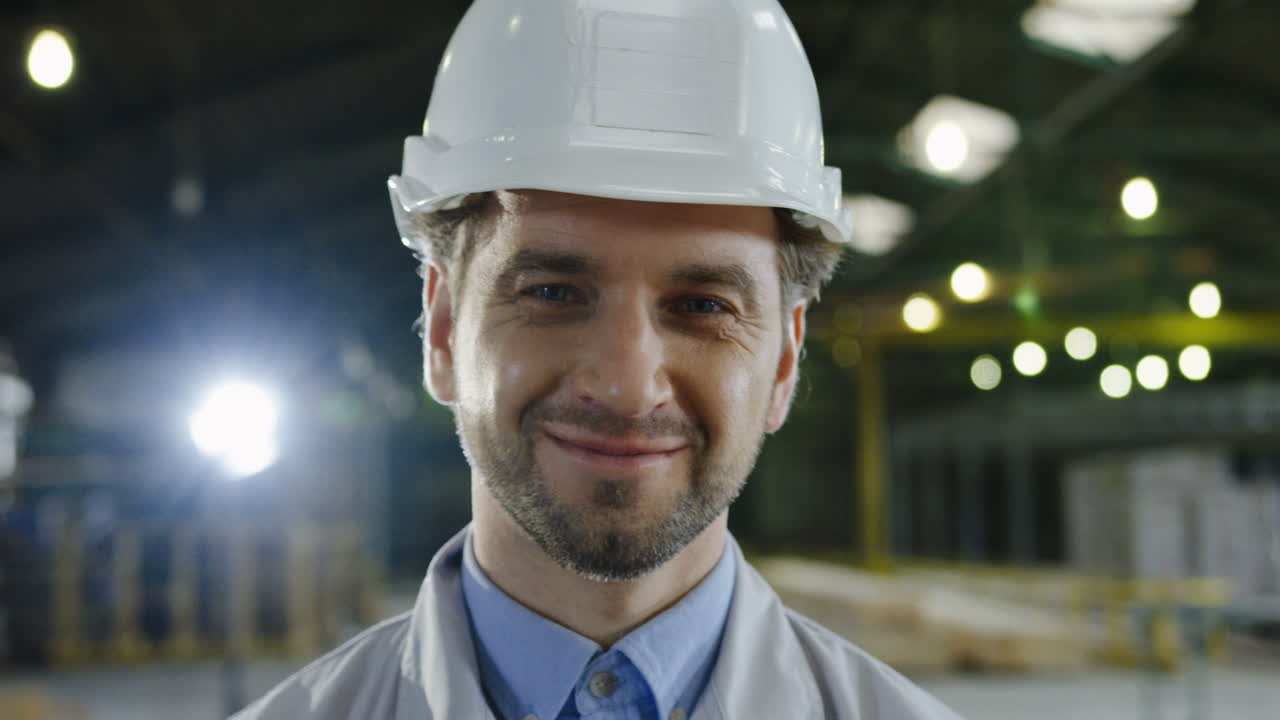 Close-up view of Caucasian engineer wearing a helmet and turning his head to the camera and smiling in a factory