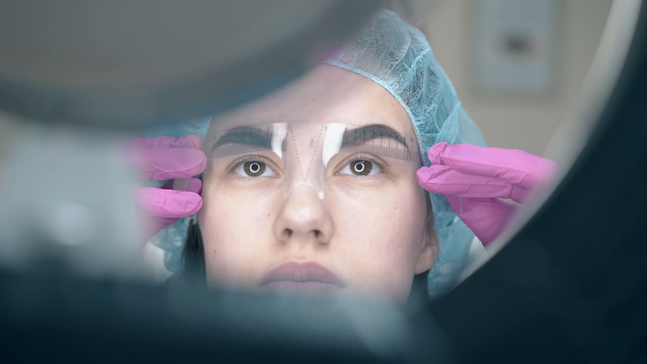 el maestro de la ceja y la chica comprueban el tatuaje con una regla especial