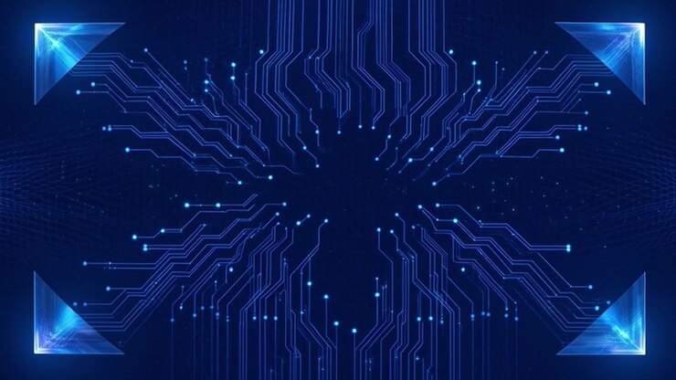Sfondo di circuito stampato digitale con linee di dati blu luminose