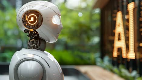 A robot stands in front of a sign that says AI. The robot is white and has a head and a body. The sign is orange and has the letters AI on it. Scene is futuristic and technological