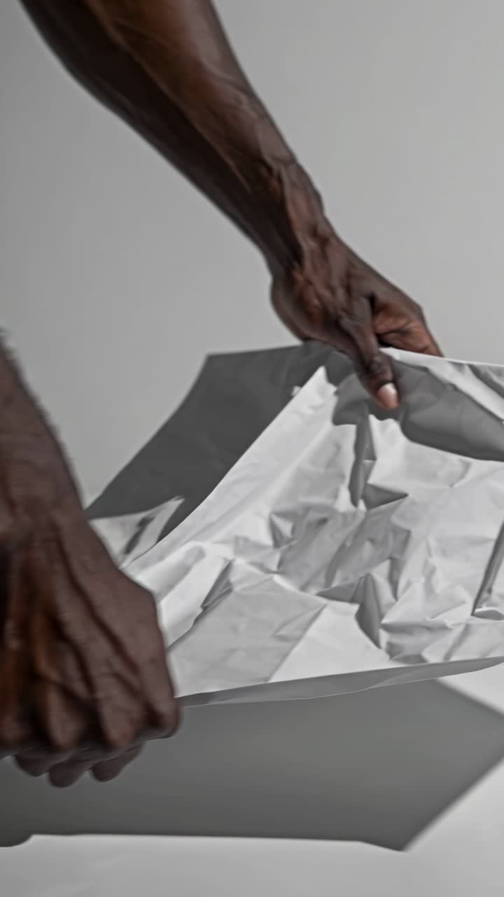 Crumpled paper in grayscale, captured from a low angle. The minimalist style evokes a modern