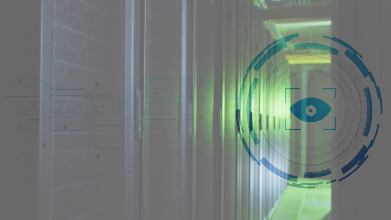 animación del escáner de retina ocular y las conexiones del microprocesador contra la sala de servidores de computadoras