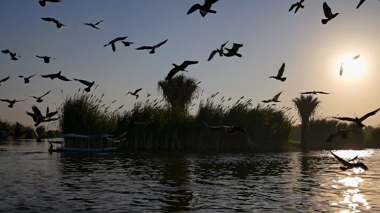 Silhouetted birds soar over a serene lake at sunset, captured from a low angle