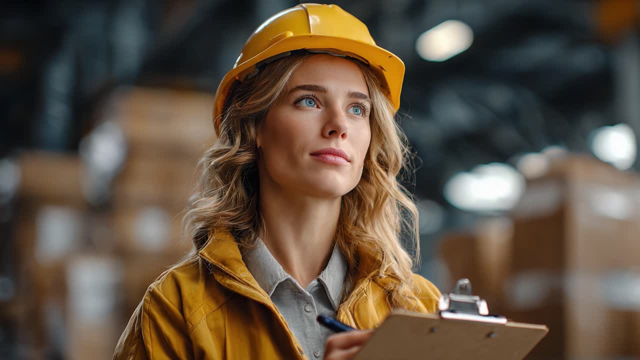 Focused Professional in Safety Gear: A Thoughtful Worker with a Clipboard in an Industrial Setting, Demonstrating Commitment to Safety and Efficiency