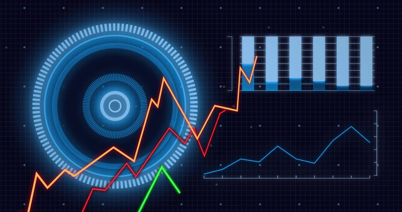 HUD circolare che pulsa dopo un impulso di dati, linee arancioni, rosse e verdi che salgono e si incrociano, mostrando le tendenze