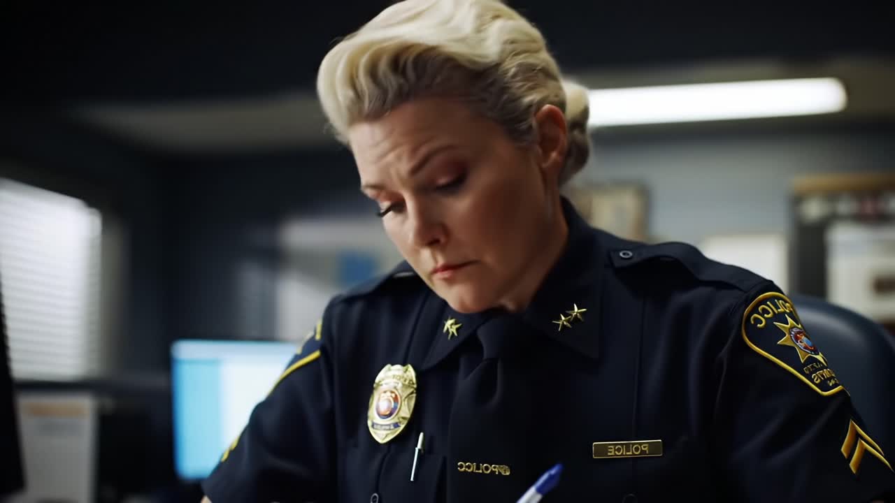Focused and Determined Police Officer Deep in Thought While Writing Notes in the Station, Emphasizing Dedication to Duty and Law Enforcement Responsibilities