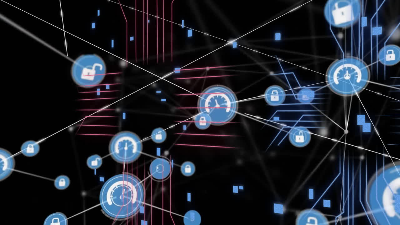 Animation of connections with icons over computer circuit board on black background
