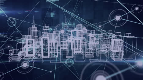 animación de puntos conectados sobre llamaradas de lente y modelo 3d de la ciudad contra un fondo abstracto