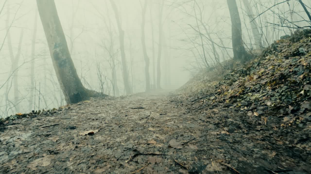 Eerie and spooky winter woods with dense fog. Dramatic POV shot of a lonely path through the misty forest, perfect for horror movie backgrounds or suspenseful scenes