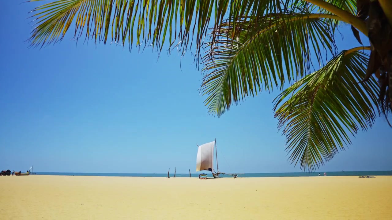 Autentica scena costiera a Negombo che mostra un catamarano a vela in legno ormeggiato sulla spiaggia con uno sfondo di oceano tropicale.