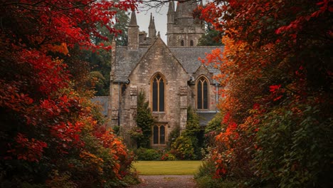 a majestic gothic building surrounded by vibrant autumn foliage, capturing the essence of nature's seasonal shift in a tranquil landscape
