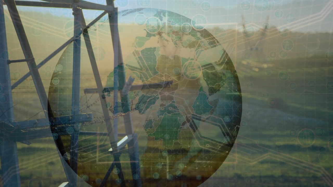 animación del globo sobre el paisaje con pilones de electricidad