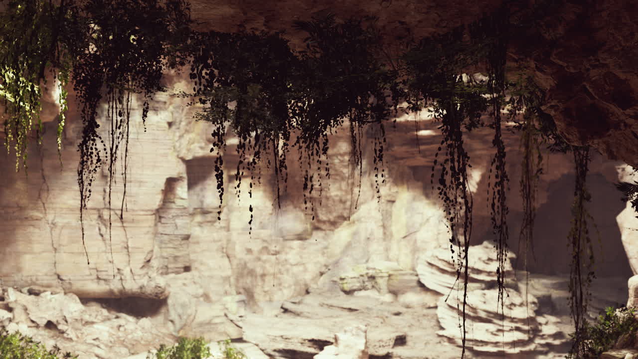 Vista de dentro de uma caverna escura com plantas verdes e luz na saída