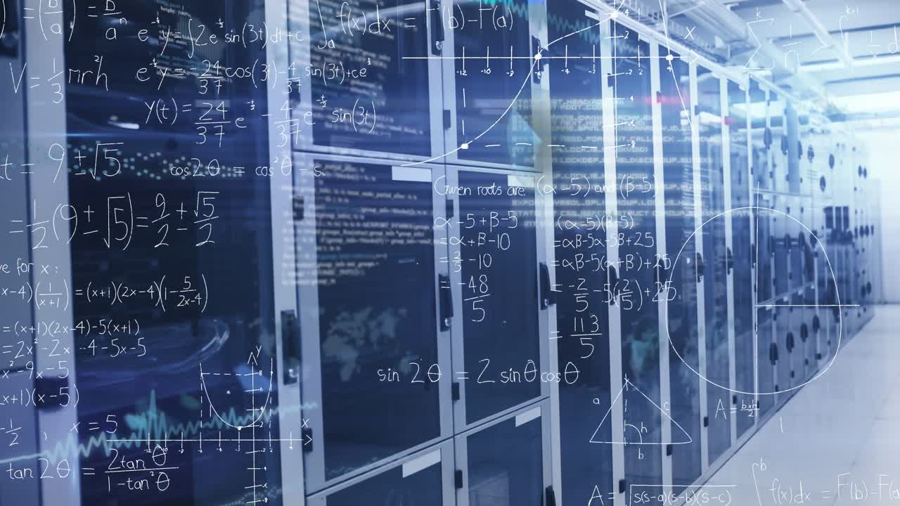 Animation of data processing and mathematical equations against computer server room