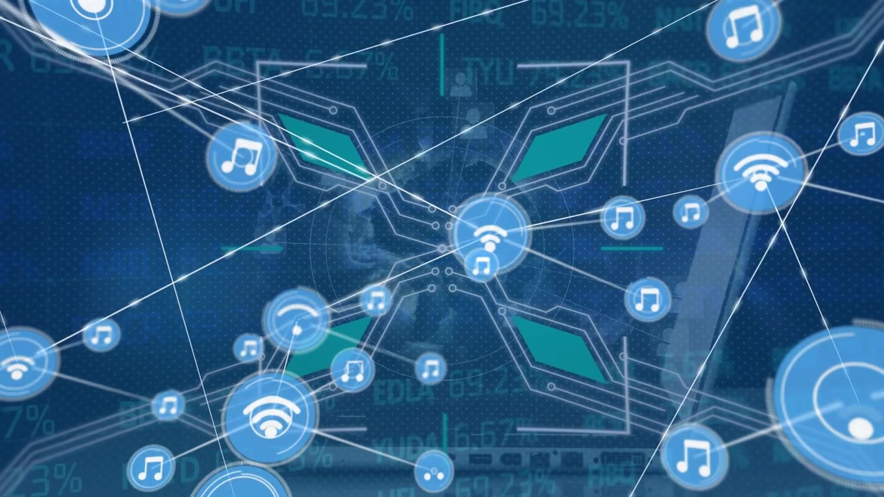 Animation of network of connections with digital icons scope, laptop and data processing