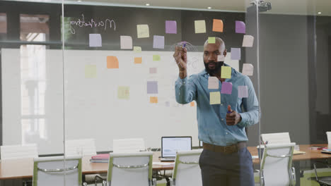 african american businessman brainstorming, making notes on glass wall in office in slow motion