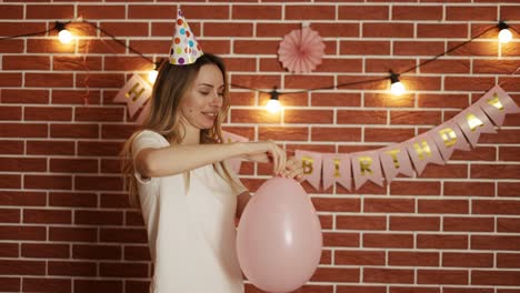 portrait of nice lady blowing pink baloon festal event celebratory day