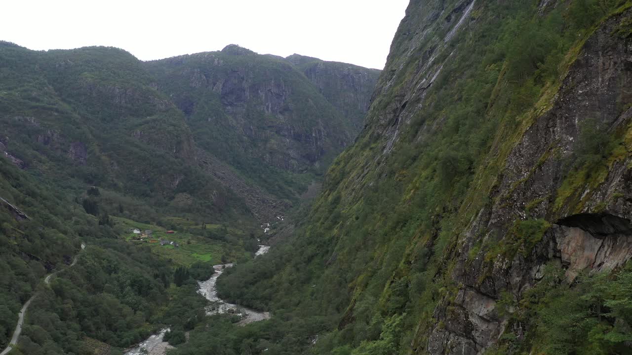 Aerial drone shot navigating through a steep, forested V-shaped valley near Eidfjord, Norway, with rugged cliffs and mixed woodlands.