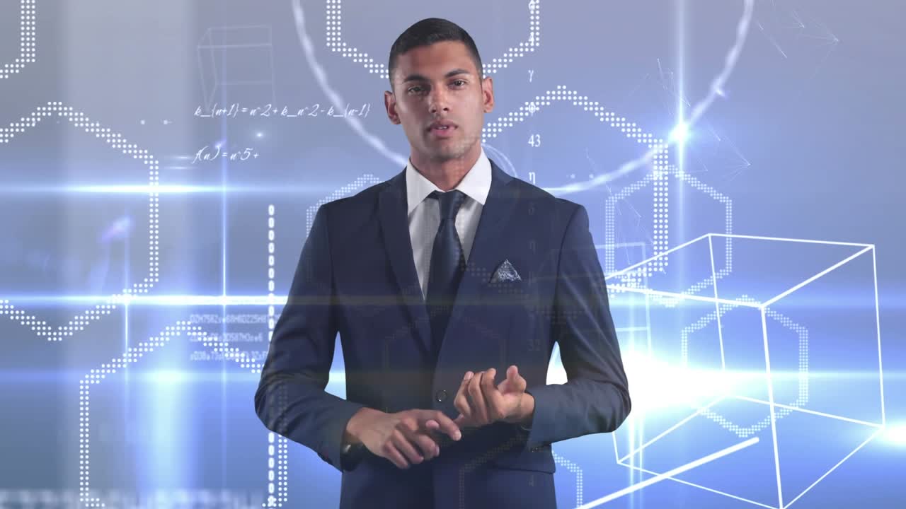 Animation af forretningsmand over matematisk databehandling