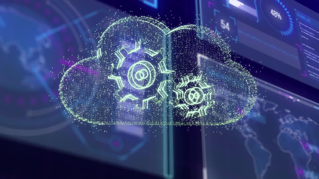 Animation of digital cloud with gears showing data processing and technology integration