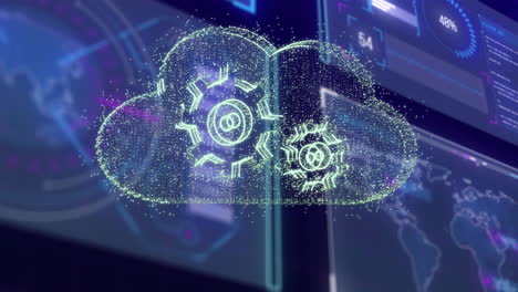 animation of digital cloud with gears showing data processing and technology integration