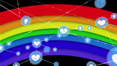Animation-of-network-of-connections-over-rainbow-on-black-background