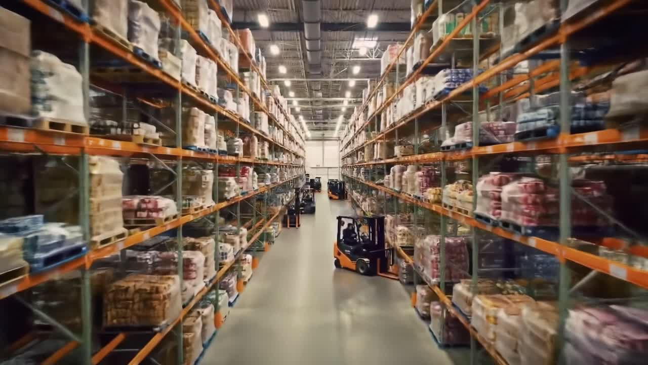Aerial View of a Modern Warehouse Facility with Organized Shelving, Automated Forklifts, and Abundant Inventory in a Spacious Layout