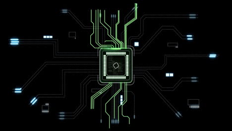 microchip with green circuits and data flow animation on black background