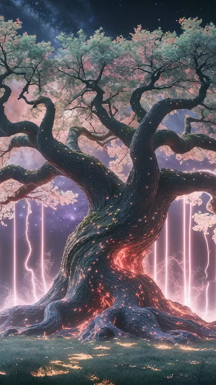 Video verticale: albero nodoso pulsante che si carica con raggi di energia rossa incandescente in una radura