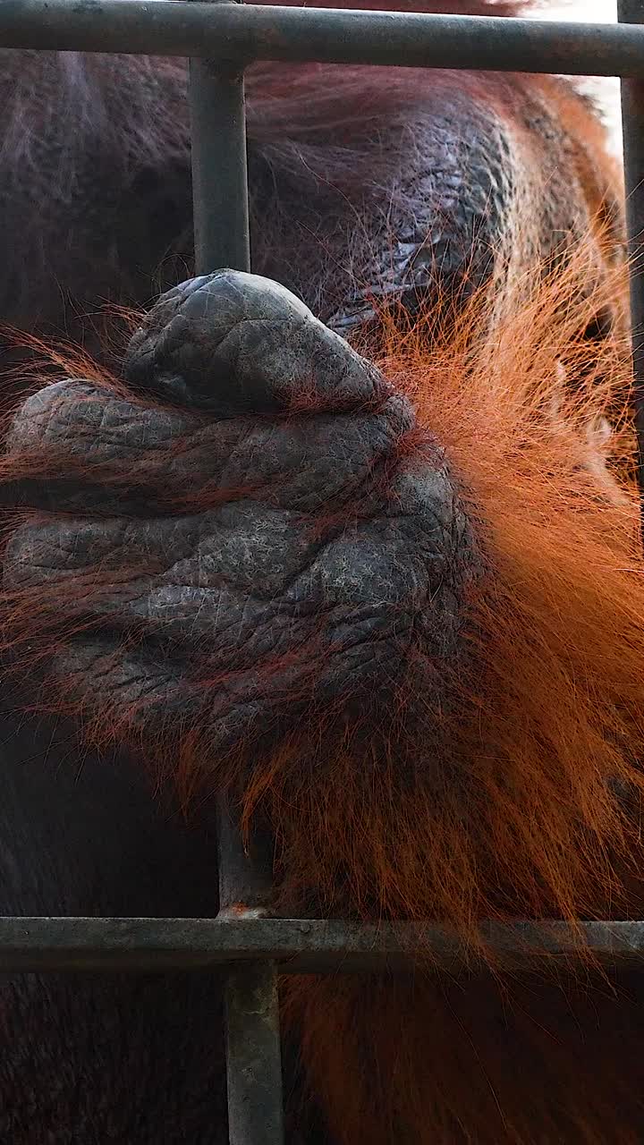 el orangután agarrando las barras de la jaula en un zoológico exótico