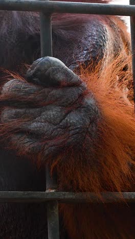 orangutan gripping cage bars at exotic zoo