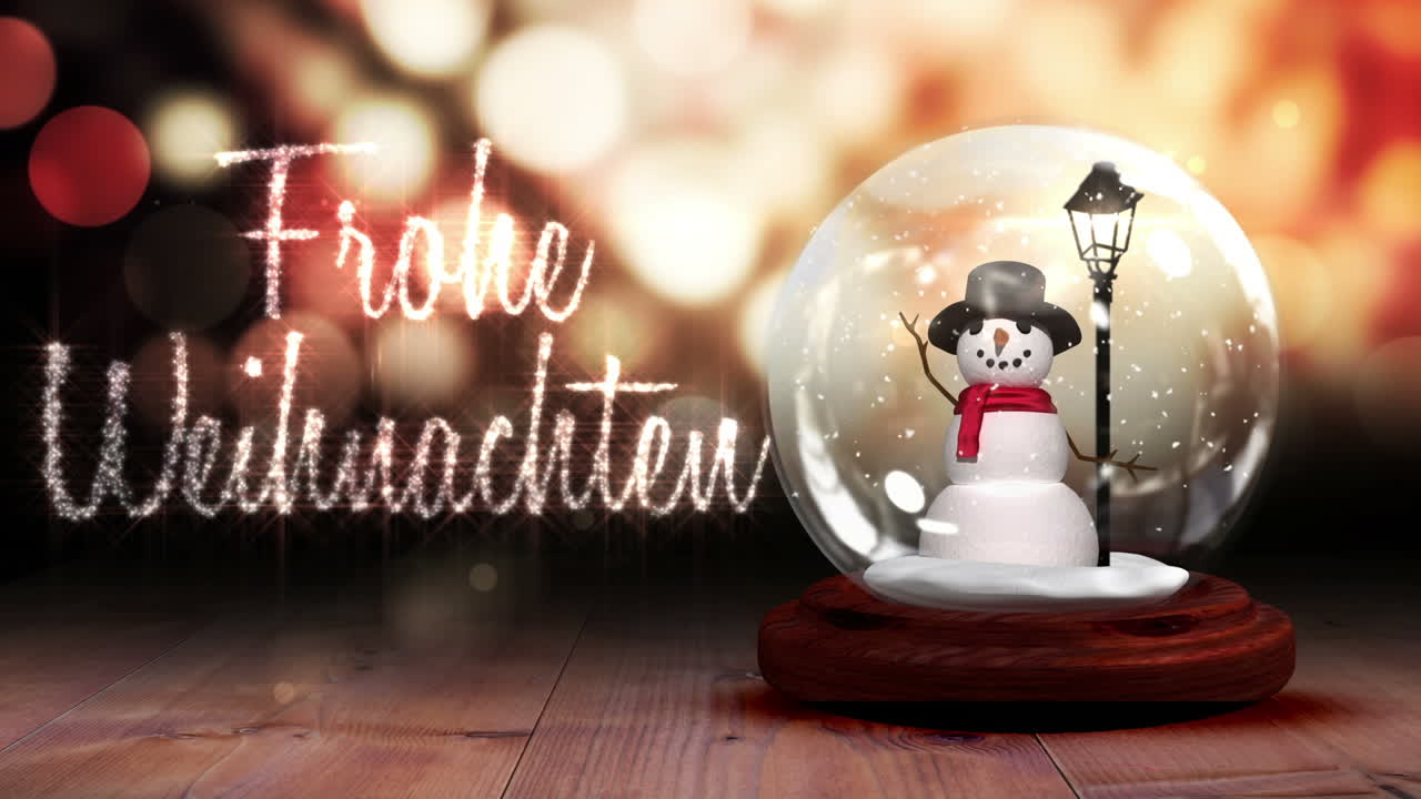 hombre de nieve dentro del globo de nieve con saludo mágico en alemán