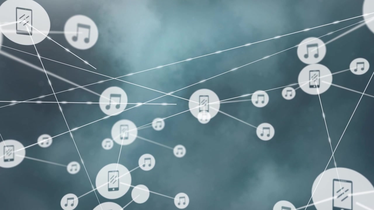 Animation of network of connections with icons over clouds