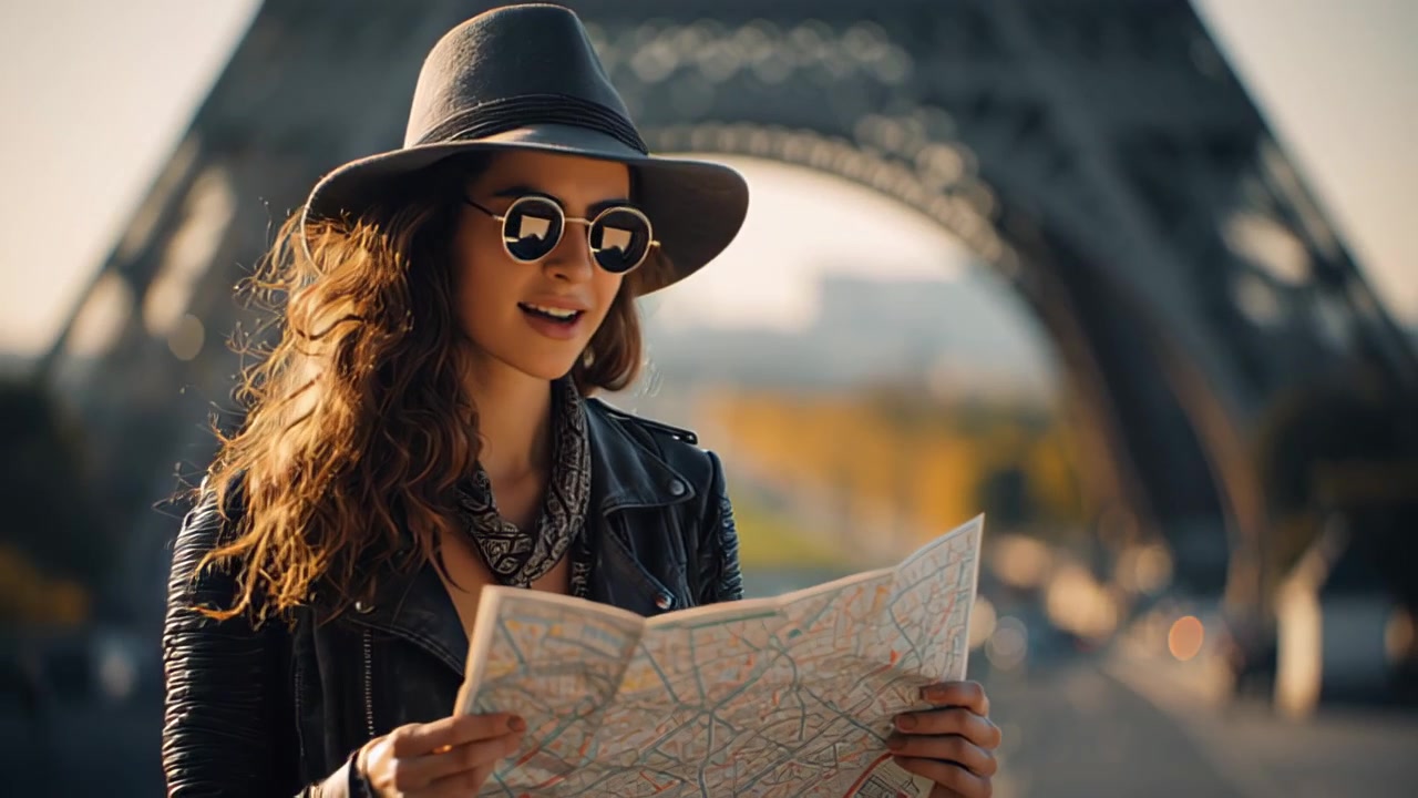 Riprese di una viaggiatrice alla moda con cappello e occhiali da sole che legge una mappa cartacea con la Torre Eiffel dietro di lei, Parigi, Francia.