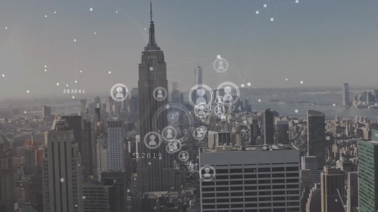 도시 풍경 위의 아이콘으로 연결된 네트워크의 애니메이션