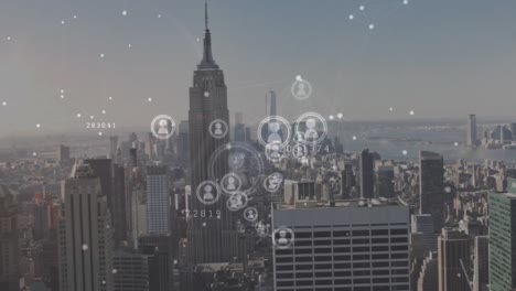 animation of network of connections with icons over cityscape