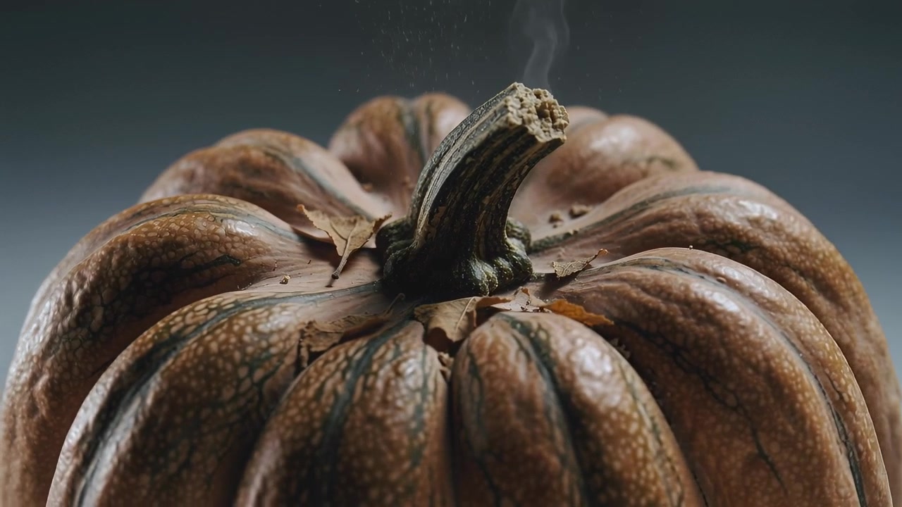Inquadratura di una zucca a coste che emette fumo dal picciolo mentre la fotocamera sposta la messa a fuoco sul tavolo, rivelando dei detriti