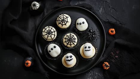 Halloween-Cupcakes-with-Spider-Webs-and-Ghost-Decorations-Flat-Lay