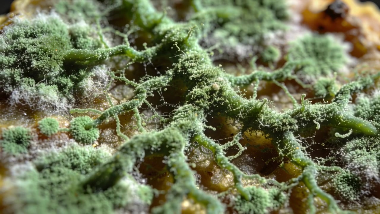 La telecamera mette a fuoco, rivelando una colonia filamentosa di muffa verde su cibo marrone, mostrando i dettagli delle ife.