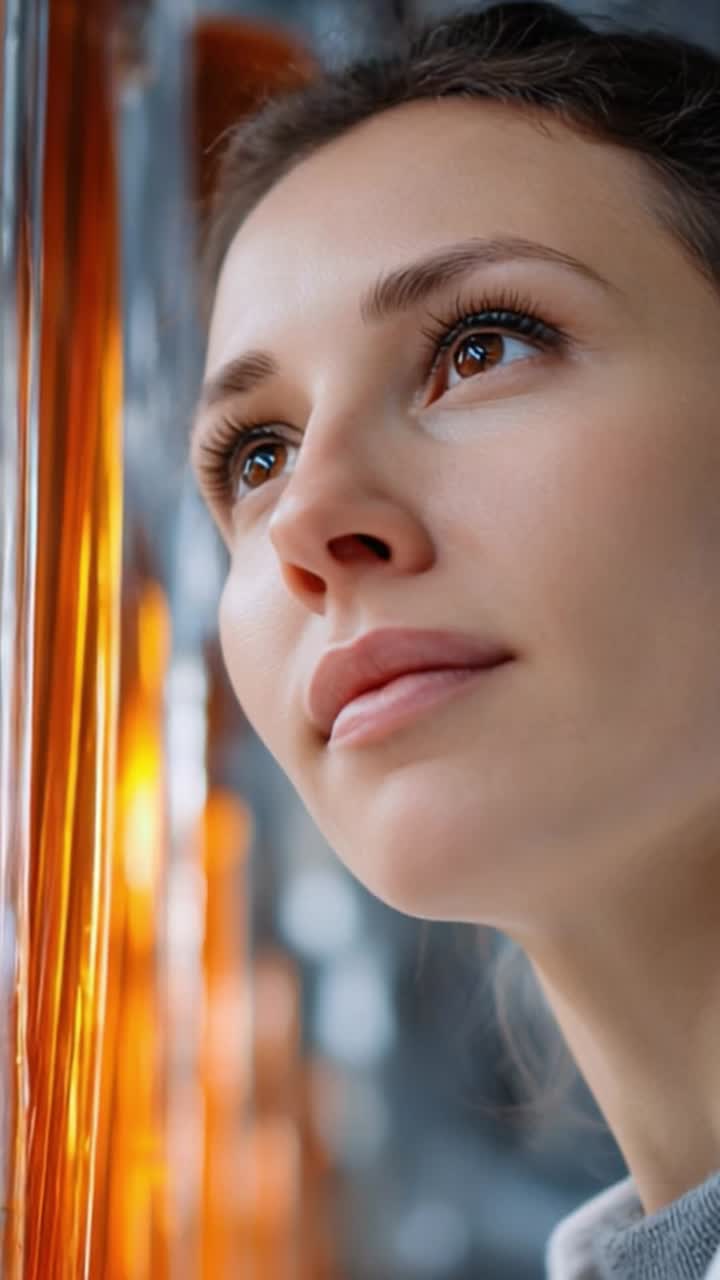 Contemplative Young Woman Gazing Introspectively at Abstract Orange Light Reflections, Capturing a Moment of Serenity and Thoughtfulness in a Stunning Close-Up