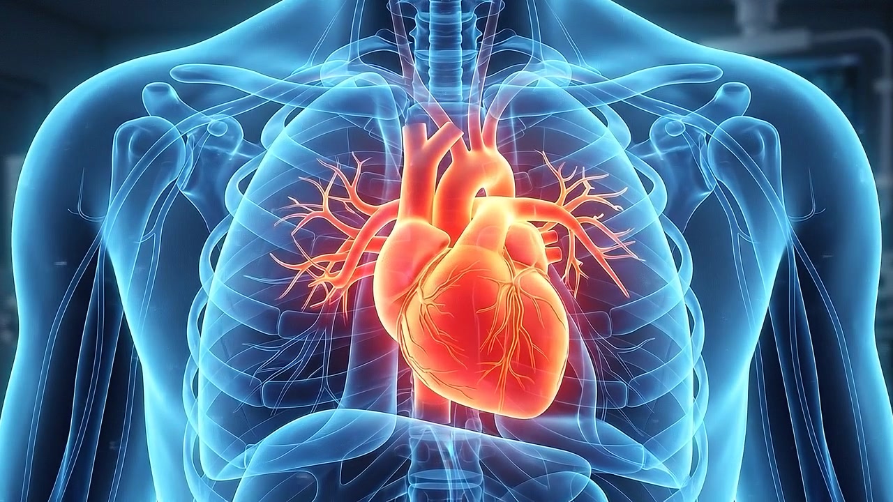 Bright human heart glowing inside transparent chest and arterial network