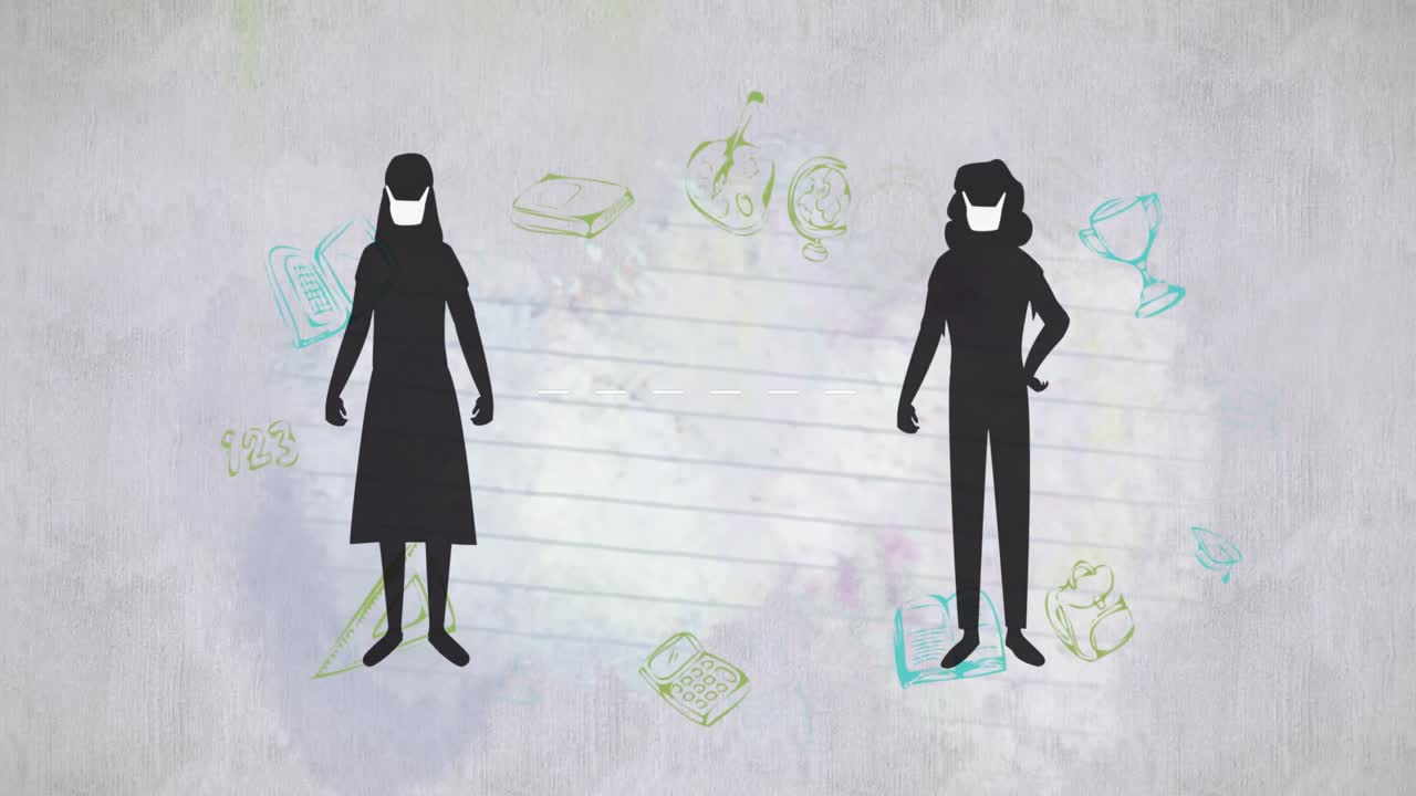 personas que mantienen la distancia social contra los iconos del concepto escolar