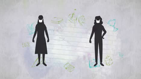 personas que mantienen la distancia social contra los iconos del concepto escolar