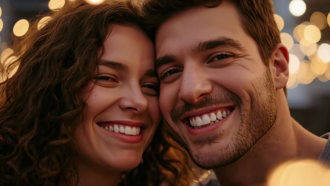 Smiling couple pressing faces together posing for camera in backyard, with string lights bokeh