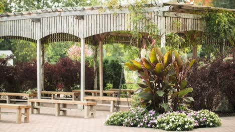 hermoso lugar para bodas en el jardín con una hermosa pérgola rodeada de plantas y flores