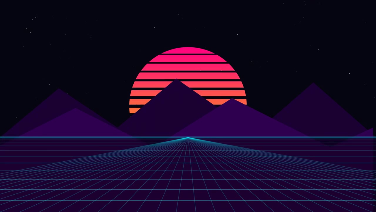 Paesaggio retro synthwave con sole luminoso e orizzonte a griglia