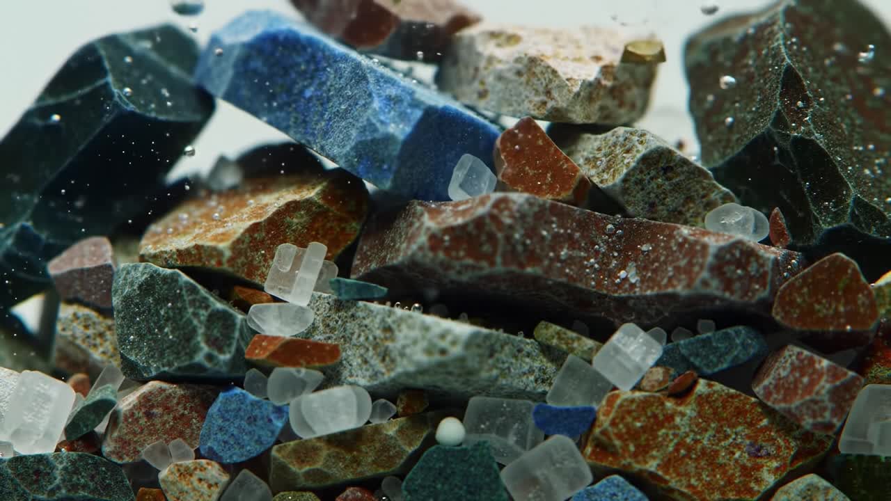 A Stunning Underwater View of Colorful Tiny Stones and Gem-like Particles Interacting with Bubbles in Crystal Clear Water, Showcasing Nature's Beauty in Motion
